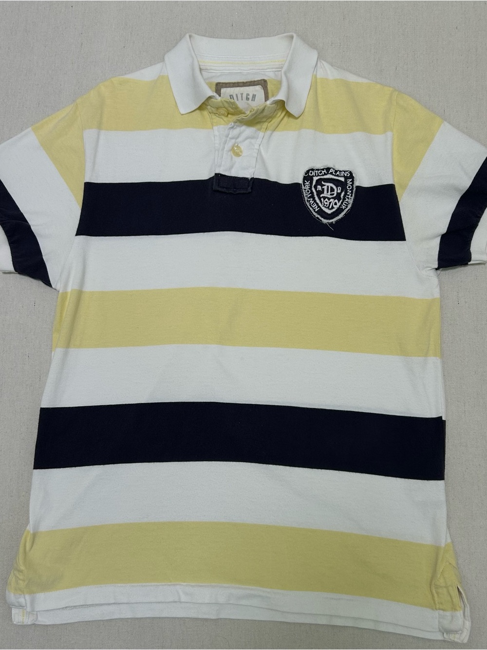 Vintage Ditch Plains Montauk NJ 1970 Striped Polo Shirt in Yellow, White & Navy